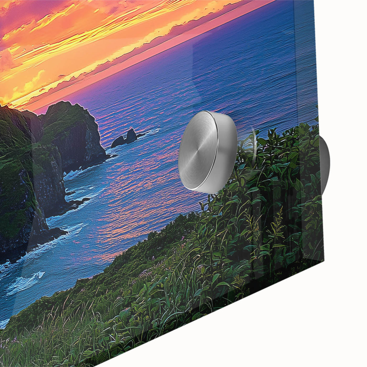 Close-up of a vibrant acrylic landscape artwork depicting dramatic cliffs and ocean waves, showcasing intricate textures and bold colors, ideal for modern home decor.