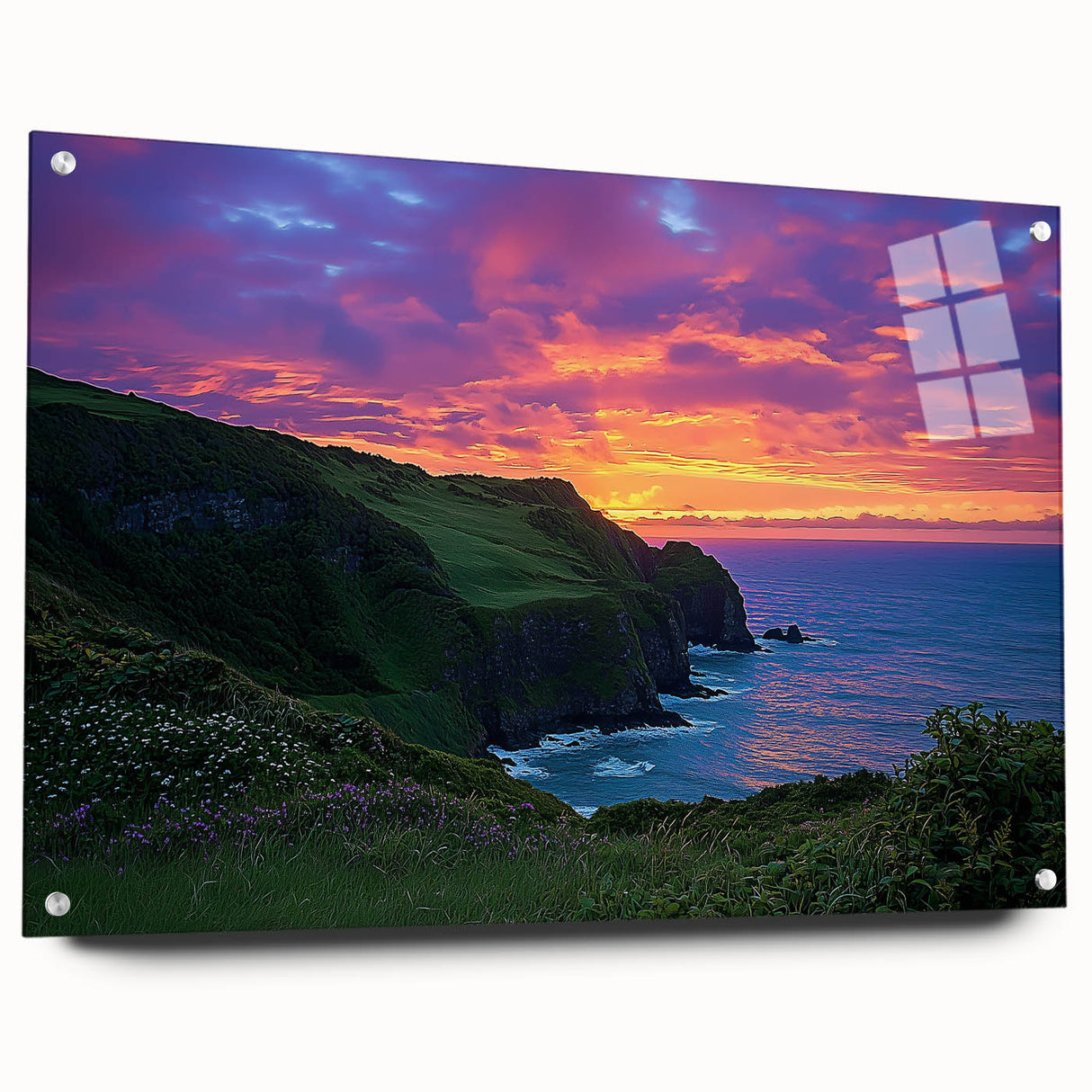 Acrylic landscape artwork of cliffs displayed in a sleek glass frame, showcasing vibrant colors and detailed textures, perfect for modern home decor.