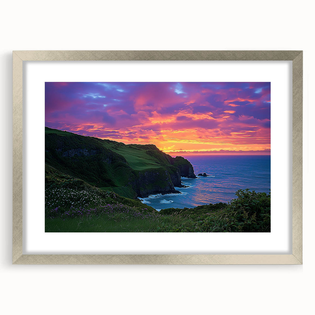 Framed landscape artwork of dramatic cliffs in silver matting, showcasing a blend of earthy tones and textures, perfect for modern home decor.