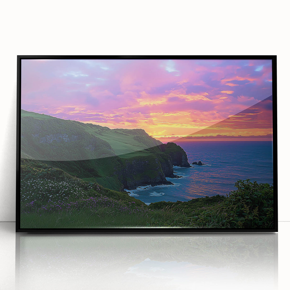 Framed acrylic landscape artwork showcasing dramatic cliffs in vibrant colors, presented in a sleek black frame, perfect for modern home decor.