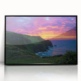 Framed acrylic landscape artwork showcasing dramatic cliffs in vibrant colors, presented in a sleek black frame, perfect for modern home decor.