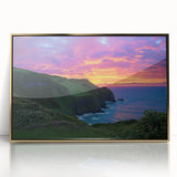 Framed acrylic landscape artwork depicting majestic cliffs, with golden accents highlighting its dramatic scenery. Ideal for enhancing modern decor.