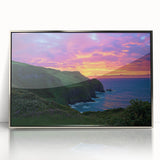 Framed acrylic artwork showcasing a stunning landscape of dramatic cliffs under a vibrant sky, perfect for modern home decor and interior design enthusiasts.