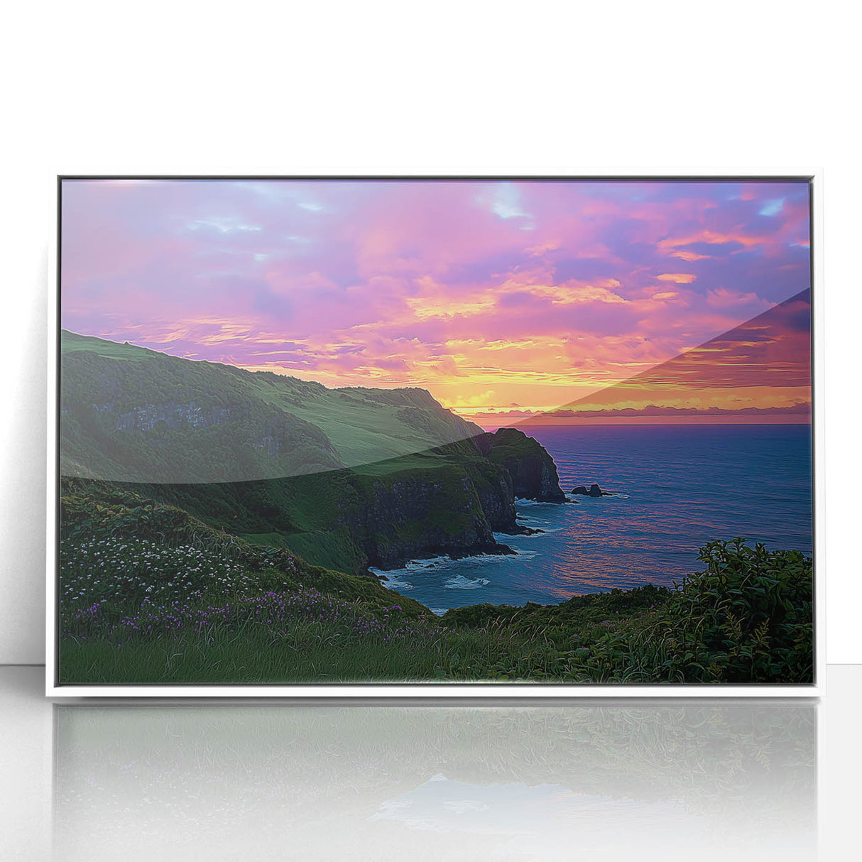 Framed acrylic artwork depicting stunning cliff landscapes, featuring vibrant colors and intricate details, perfect for enhancing modern home decor or office spaces.