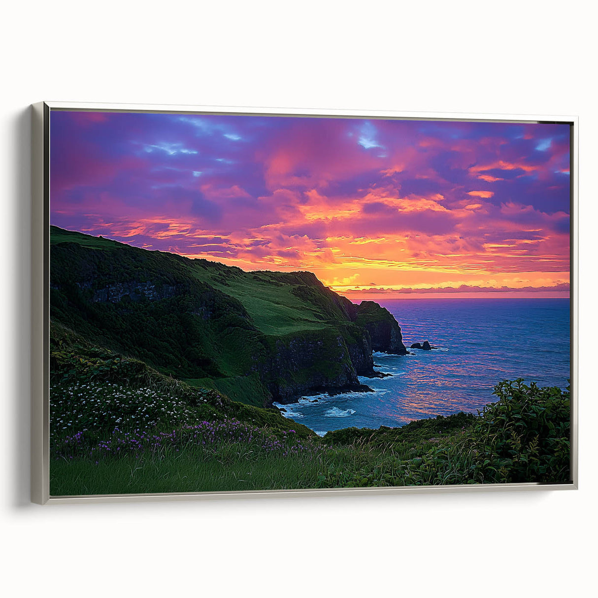 Framed canvas artwork depicting dramatic cliffs and serene landscapes, showcasing a silver side view that enhances its elegance and depth, perfect for modern decor.