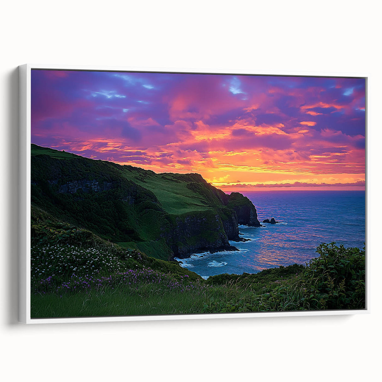 Framed canvas artwork showcasing breathtaking cliffs with vibrant colors, presented in a sleek white frame, perfect for enhancing any modern interior decor.