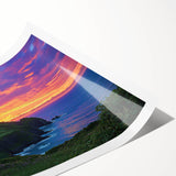 Landscape print showcasing dramatic cliffs and rolling hills, featuring vibrant colors and intricate details, ideal for home decor or gallery display.