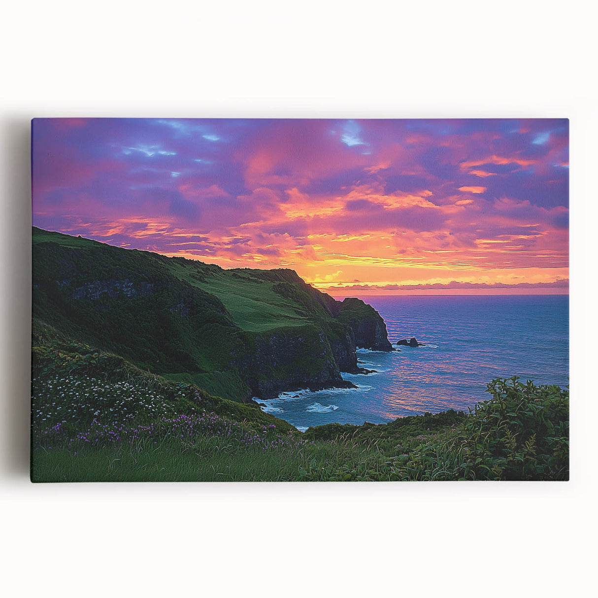 Stretched canvas artwork showcasing a breathtaking cliff landscape, featuring vibrant colors and intricate details, perfect for enhancing home decor with nature's beauty.