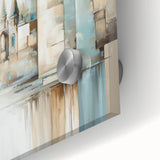 Close-up of abstract architecture wall art printed on acrylic glass, showcasing intricate geometric patterns in vibrant colors, ideal for modern home decor.