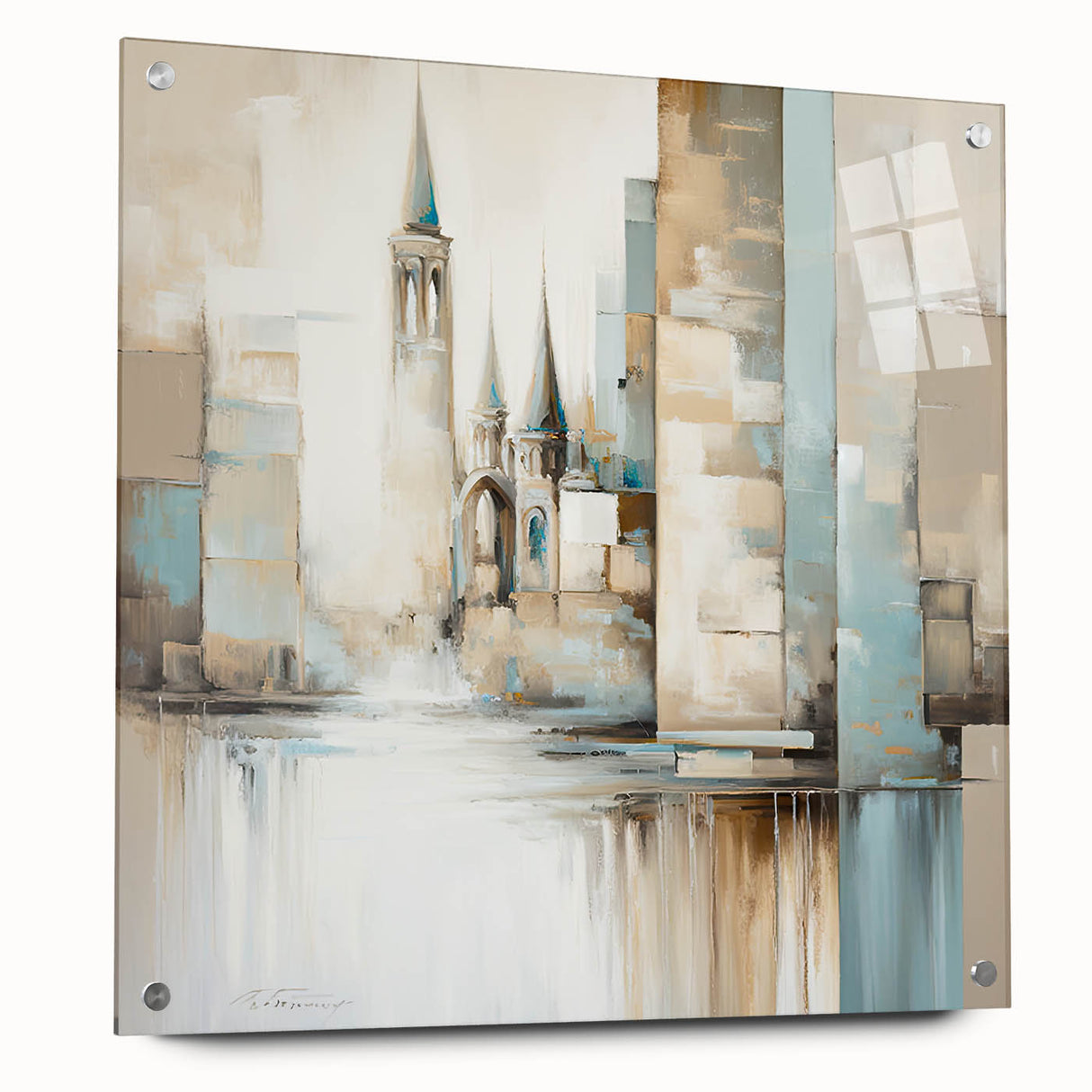 Abstract architectural wall art print displayed on acrylic glass, showcasing a modern design with geometric shapes and vibrant colors, mounted with pins for a contemporary look.