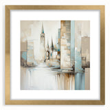 Abstract architectural wall art featuring geometric shapes and a gold frame with a mat, ideal for modern home decor. This stylish piece adds elegance to any interior setting.