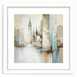 Abstract architectural wall art framed in white with a mat, showcasing geometric shapes and lines in a modern design. Perfect for contemporary decor.