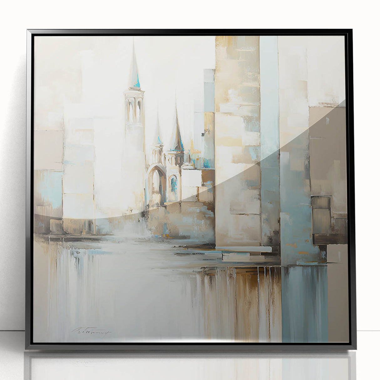 Framed abstract architecture wall art in black acrylic, showcasing geometric shapes and modern design elements, perfect for contemporary home decor.