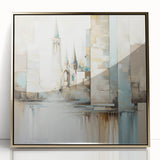 Framed acrylic wall art showcasing abstract architecture design with gold accents, ideal for modern home decor. The piece adds elegance and sophistication to any interior setting.