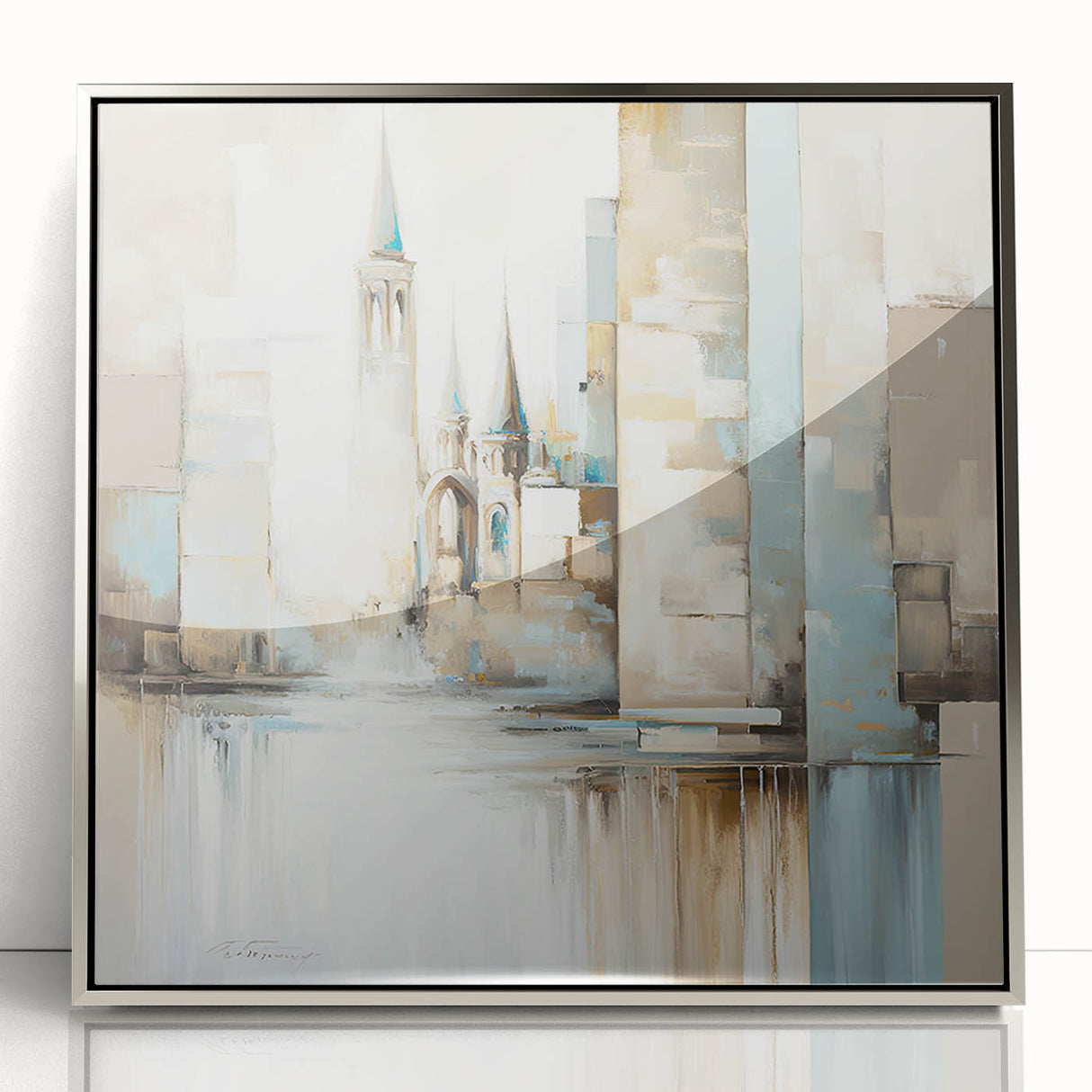 Framed abstract wall art showcasing modern architectural design in silver and acrylic, featuring geometric shapes and clean lines, ideal for contemporary decor.