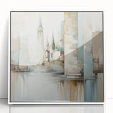 Framed abstract architecture wall art showcasing a modern design with white and gray tones, presented in a sleek acrylic frame, ideal for contemporary decor.