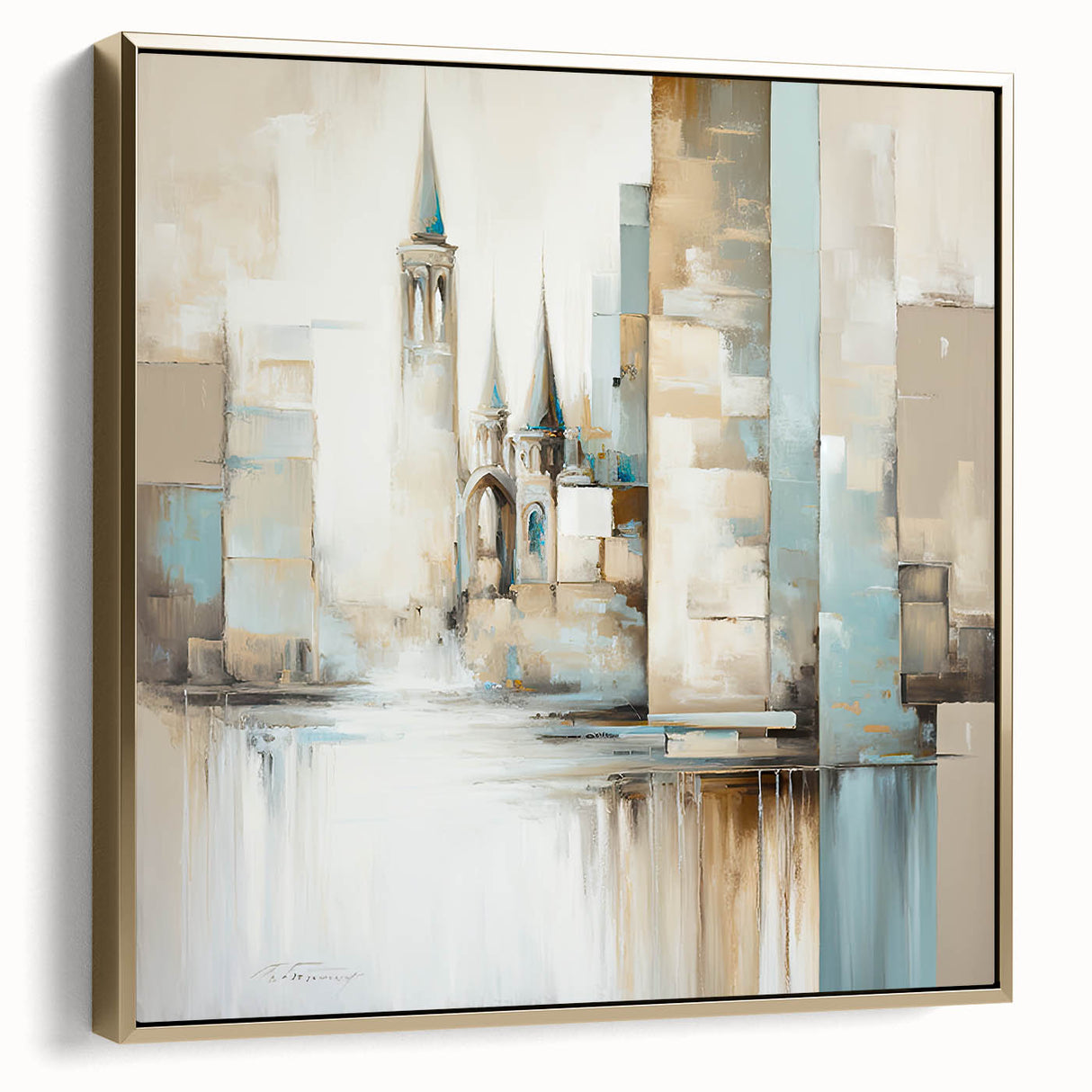Framed abstract architecture wall art showcasing a modern silver and gold design, perfect for contemporary home decor, enhancing elegance and style.