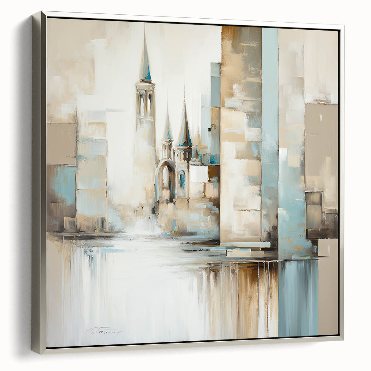 Framed abstract architecture wall art in silver, showcasing geometric patterns and sleek lines, perfect for modern interior decor.