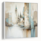 Framed abstract architectural wall art in a modern white frame, showcasing geometric shapes and vibrant colors, adding a contemporary touch to any room.