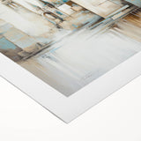 Abstract architectural wall art on rolled canvas, showcasing vibrant geometric patterns in blue, orange, and yellow, perfect for modern decor and interior design.