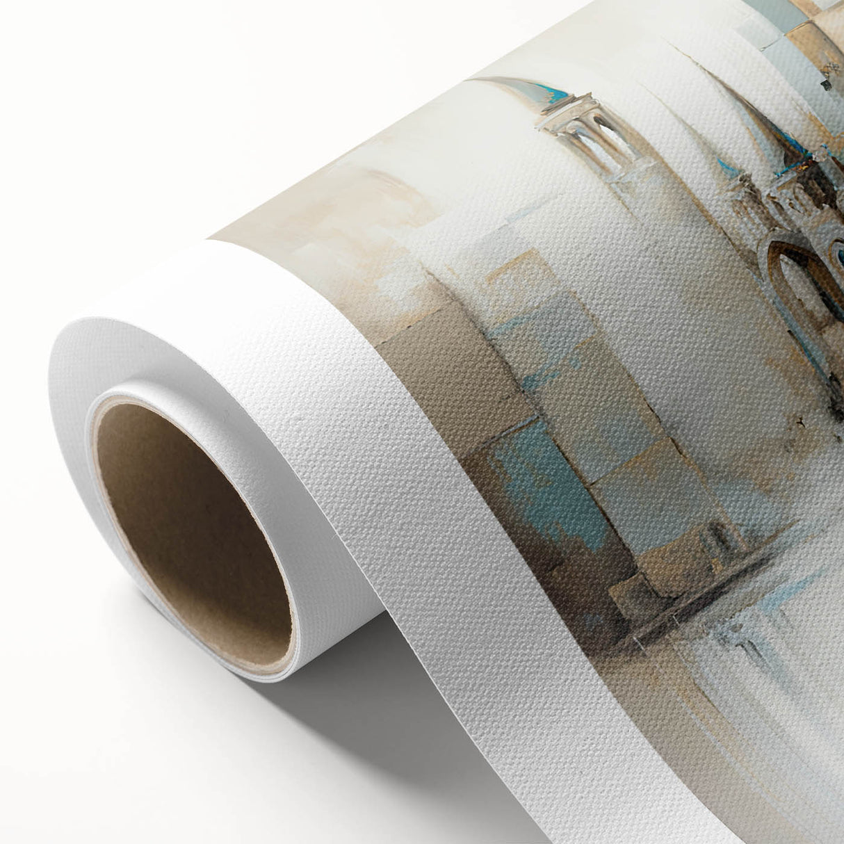 Abstract architectural wall art on rolled canvas, featuring geometric shapes and a vibrant color palette of blues, yellows, and reds, ideal for modern decor.