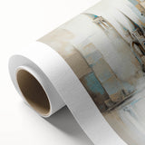 Abstract architectural wall art on rolled canvas, featuring geometric shapes and a vibrant color palette of blues, yellows, and reds, ideal for modern decor.