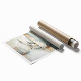 Abstract architectural wall art print showcasing geometric shapes in vibrant blue and orange hues, rolled for easy shipping and display. Perfect for modern home decor.