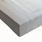 Close-up of a stretched canvas featuring abstract architectural wall art with intricate geometric patterns in shades of blue and gray, showcasing modern design elements ideal for contemporary home decor.