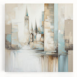 Abstract architecture wall art on stretched canvas showcasing geometric shapes and vibrant colors, perfect for modern home decor and artistic settings.