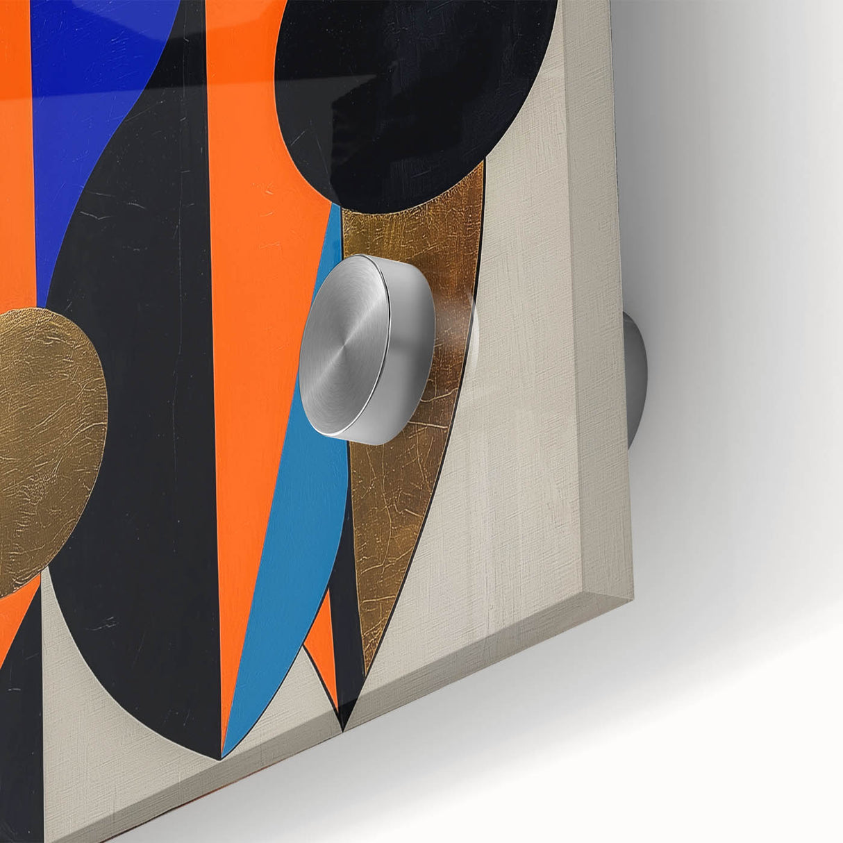 Abstract geometric design in vibrant colors on acrylic glass, showcasing intricate patterns and textures, ideal for modern home decor.