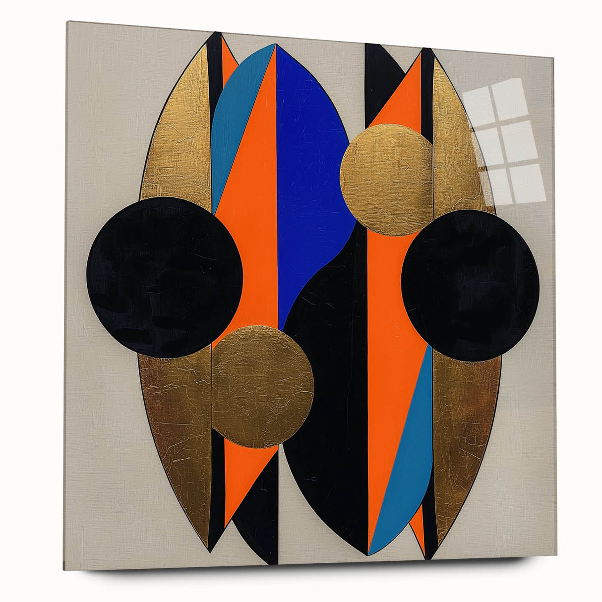 Abstract geometric acrylic glass artwork showcasing vibrant colors and intricate patterns, viewed from the side without pins. Ideal for modern decor.