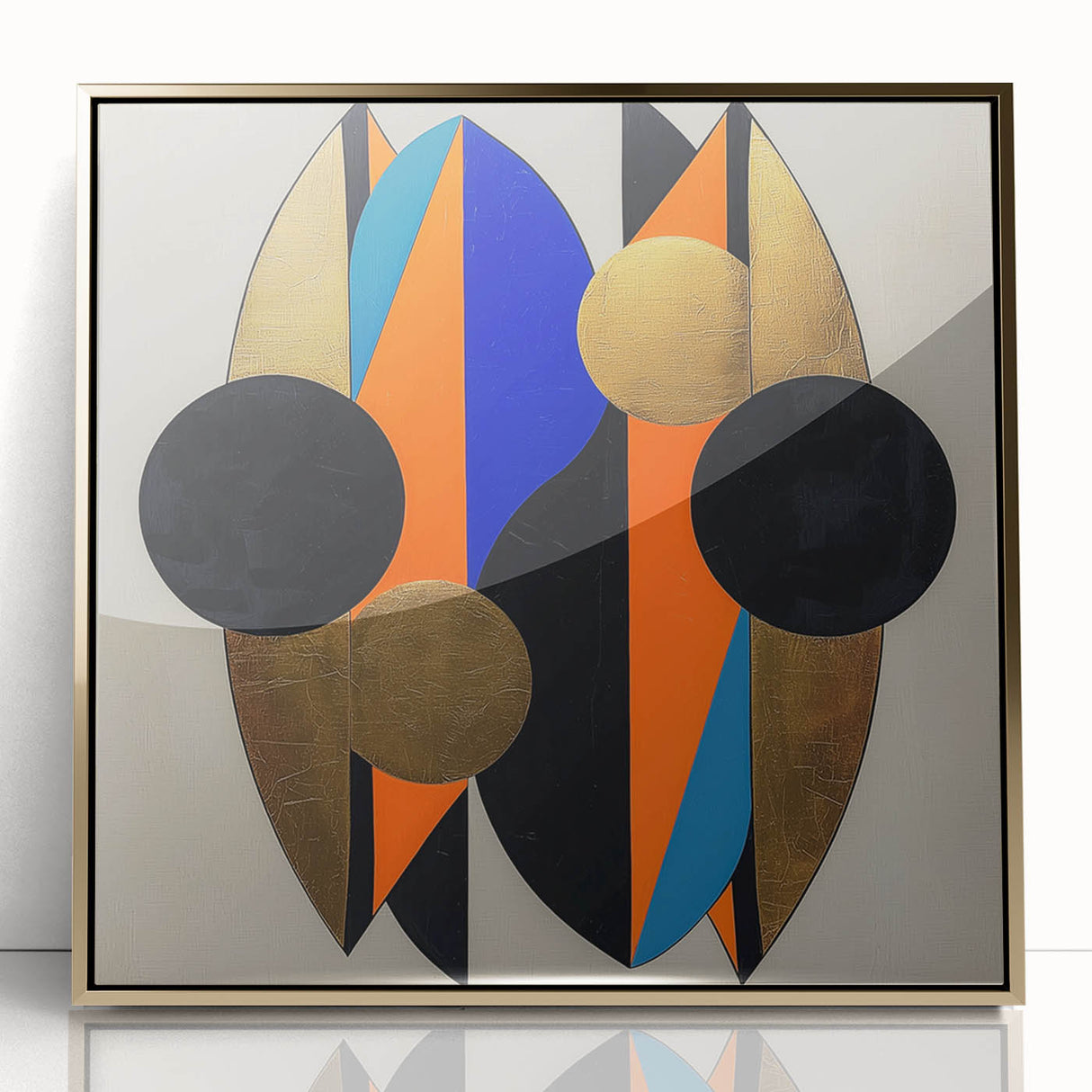 Abstract geometric framed acrylic artwork in gold, showcasing intricate patterns and vibrant colors, ideal for modern home decor or office spaces. Perfect for adding a touch of elegance and sophistication to any interior setting.