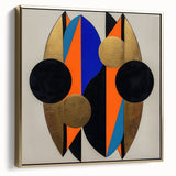 Abstract geometric framed canvas featuring a modern design in silver and gold tones, showcasing intricate shapes and lines that enhance contemporary decor. Ideal for stylish interior spaces, this artwork adds a touch of elegance and sophistication to any room.