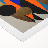 Abstract geometric rolled canvas art featuring vibrant blue, orange, and yellow shapes intertwined in a dynamic design, perfect for modern home decor and wall aesthetics.