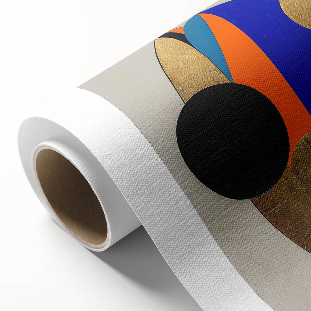 Abstract geometric rolled canvas artwork showcasing vibrant colors and intricate shapes, designed for modern home decor. Packaged securely in a protective cardboard tube.