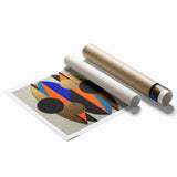Abstract geometric rolled print showcasing vibrant blue, orange, and yellow shapes with a modern design, perfect for contemporary home decor. Packaged securely in a sturdy cardboard tube for safe delivery.
