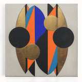 Abstract geometric stretched canvas artwork showcasing vibrant, bold shapes and colors, ideal for modern home decor or artistic interiors. Perfect for adding a contemporary touch to living spaces.