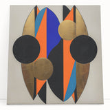 Stretched canvas artwork showcasing an abstract geometric design in vibrant colors, leaning against a neutral wall, perfect for modern home decor.