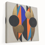 Abstract geometric stretched canvas artwork showcasing vibrant colors and intricate patterns, displayed from a side view, ideal for modern home decor.