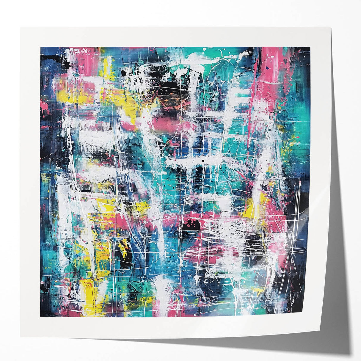 Glossy mockup featuring an abstract splatter design on a textured canvas, ideal for contemporary decor. The vibrant colors and dynamic patterns enhance any modern art collection.