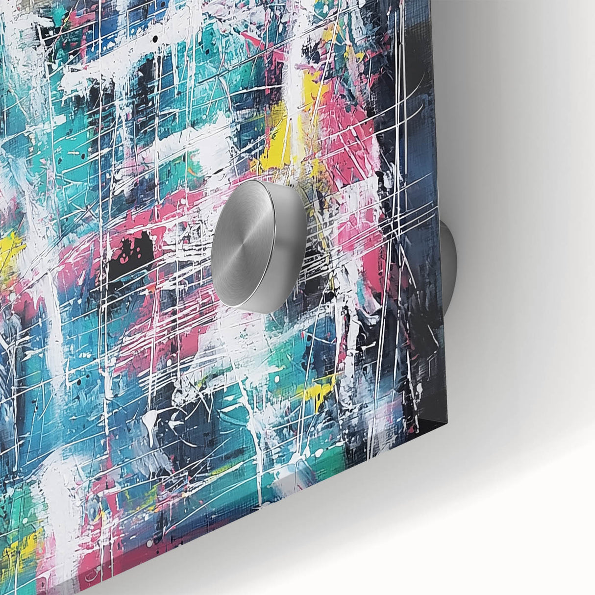 Close-up of a vibrant abstract acrylic glass artwork featuring colorful splatters and fluid patterns, perfect for modern home decor or art enthusiasts.