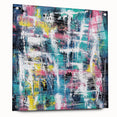 Abstract acrylic glass artwork showcasing vibrant splatters in a side view, elegantly displayed with decorative pins on a neutral background. Ideal for modern decor.