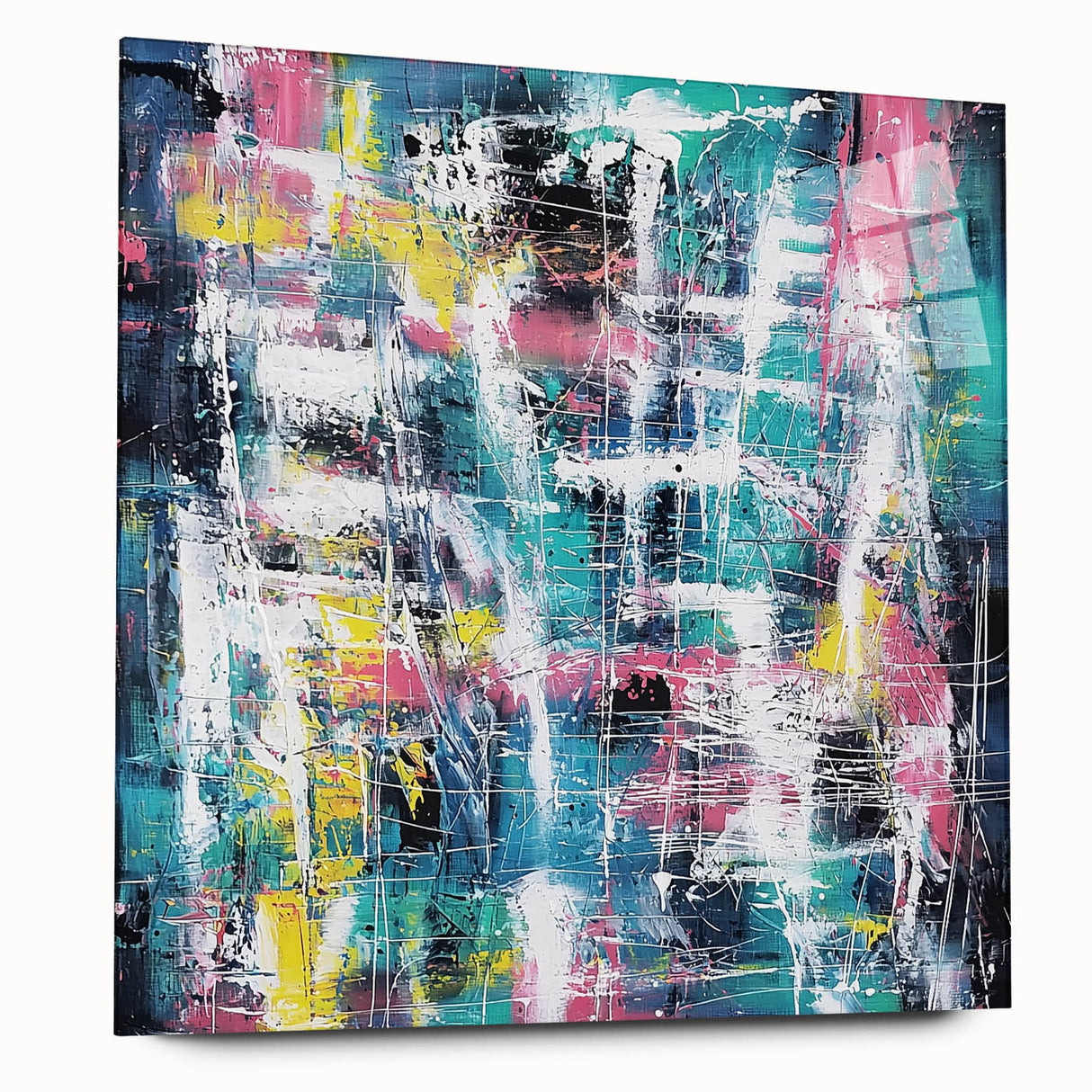Abstract acrylic glass artwork displaying vibrant splatter patterns in a side view, showcasing its glossy finish and modern aesthetic ideal for contemporary decor.