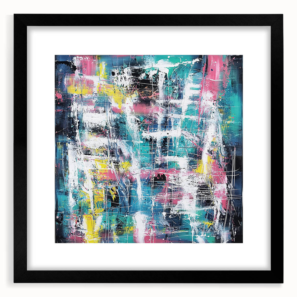 Abstract splatter frame with a matte black finish, showcasing vibrant colors and artistic design, perfect for modern home decor or art galleries.