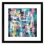 Abstract splatter frame with a matte black finish, showcasing vibrant colors and artistic design, perfect for modern home decor or art galleries.