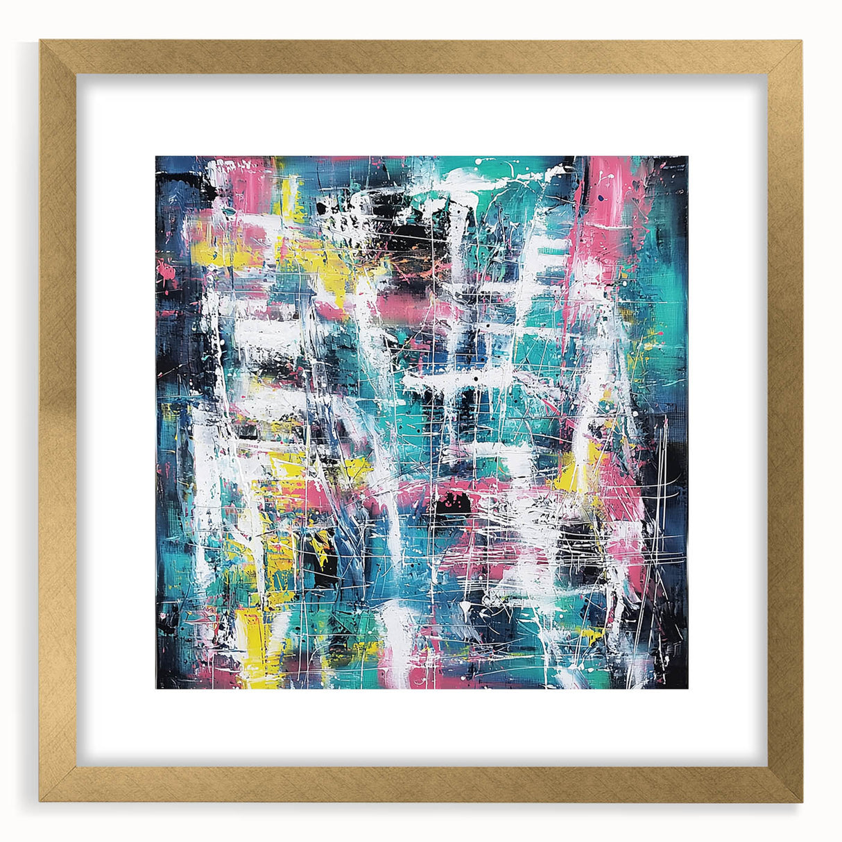 Elegant gold-framed abstract design featuring colorful splatters on a mat background, perfect for modern home decor or gallery displays. Ideal for adding artistic flair to any room.