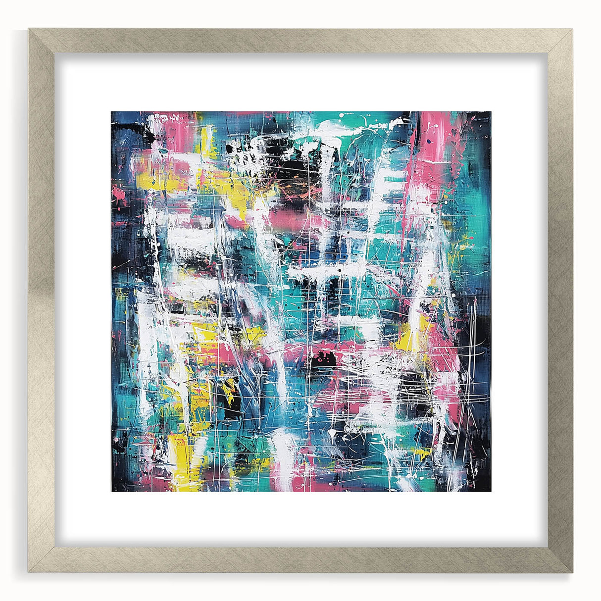 Abstract splatter art frame in silver with a white mat, showcasing a modern design ideal for contemporary decor. Perfect for adding a vibrant touch to any room.