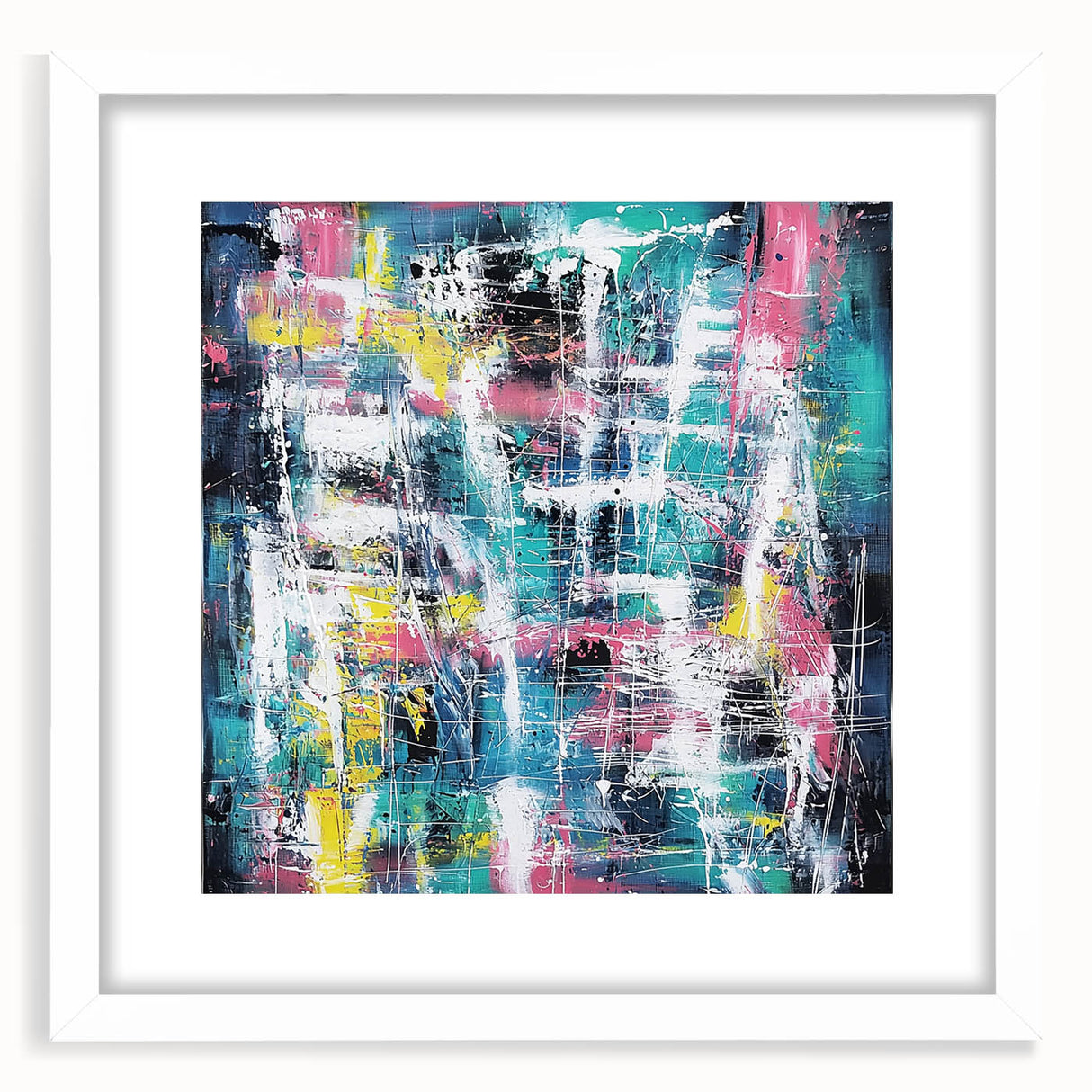 Abstract splatter frame design in white mat with colorful paint splashes, showcased from the front view, ideal for modern home decor and artistic displays. Perfect for enhancing interiors with a vibrant touch.