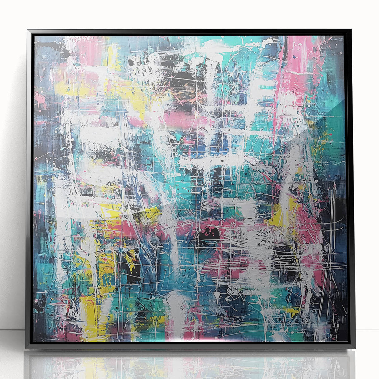 Framed black acrylic artwork showcasing vibrant abstract splatter designs, perfect for modern home decor. Ideal for adding a pop of color to any room.