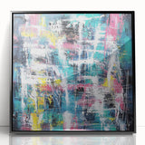 Framed black acrylic artwork showcasing vibrant abstract splatter designs, perfect for modern home decor. Ideal for adding a pop of color to any room.